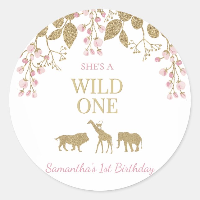 Pink and Gold Wild One 1st Girl Birthday Party Classic Round Sticker (Front)