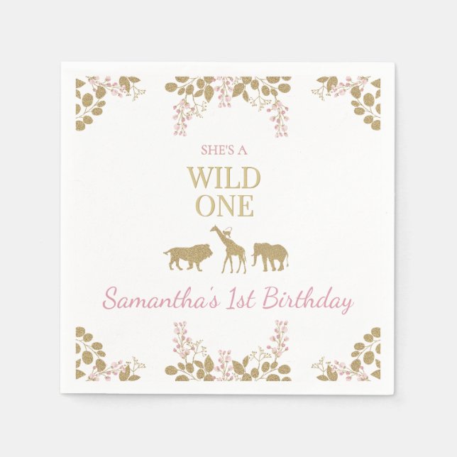 Pink and Gold Wild One 1st Girl Birthday Party Napkin (Front)