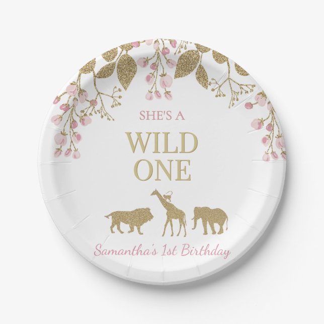 Pink and Gold Wild One 1st Girl Birthday Party Paper Plate (Front)