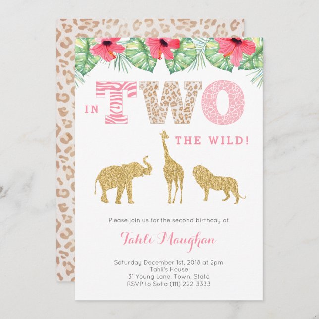 Pink and Gold Wild Safari 2nd Birthday Party Invitation (Front/Back)