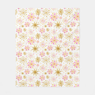 Pink and Gold Winter Snowflakes Fleece Blanket