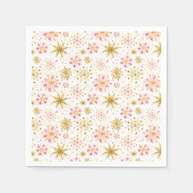 Pink and Gold Winter Snowflakes Napkin (Front)