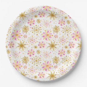 Pink and Gold Winter Snowflakes Paper Plate