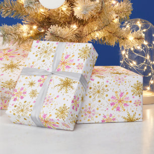 Pink and Gold Winter Snowflakes Pattern Wrapping Paper