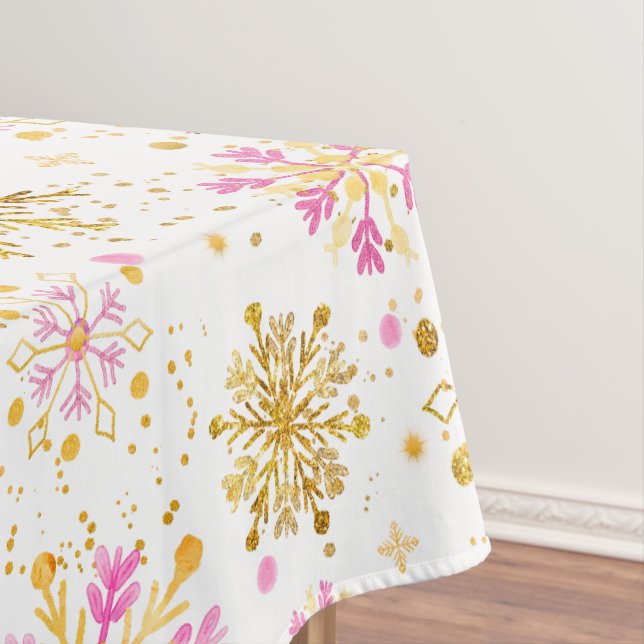 Pink and Gold Winter Snowflakes Tablecloth (In Situ)