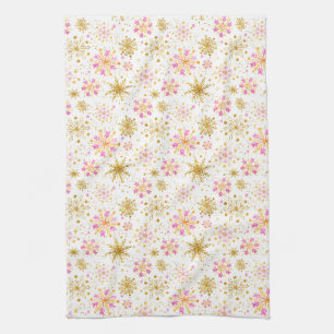 Pink and Gold Winter Snowflakes Tea Towel