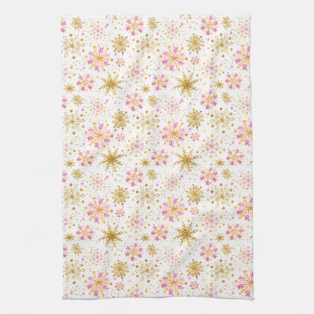 Pink and Gold Winter Snowflakes Tea Towel (Vertical)