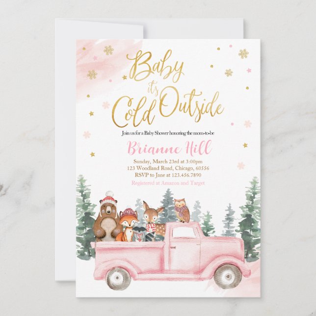 Pink and Gold Winter Woodland Baby Shower Invitation (Front)