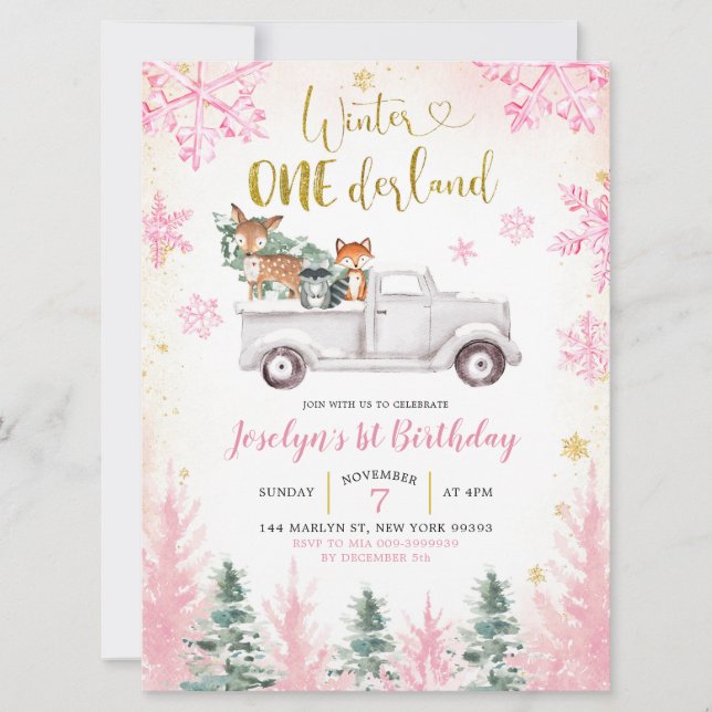 Pink and Gold Winter Woodland Truck First Birthday Invitation (Front)