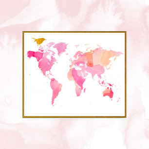 Pink And Gold World Map Poster