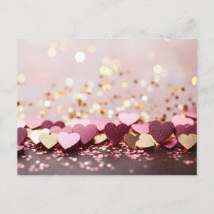 pink and golden hearts on golden glitter  postcard