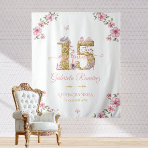 Pink and Golden Mis Quince Quinceañera Backdrop Tapestry