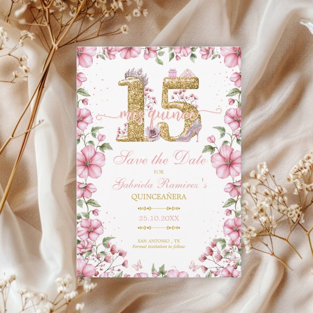 Pink and Golden Miss Quince Quinceañera Save The Date (Creator Uploaded)