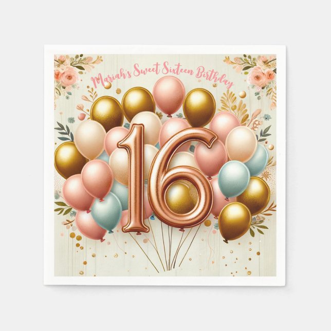 Pink and Golden Sweet Sixteenth Birthday Party Napkin (Front)