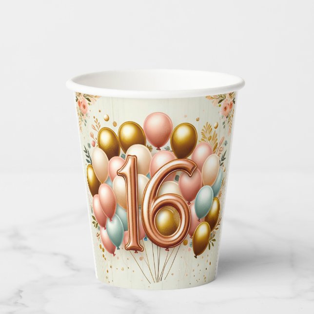 Pink and Golden Sweet Sixteenth Birthday Party Paper Cups (Front)