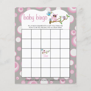 Pink and Gray Baby Owl   Shower Bingo Game Flyer