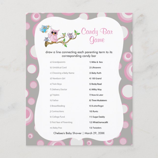 Pink and Gray Baby Owl | Shower Candy Bar Game Flyer (Front)