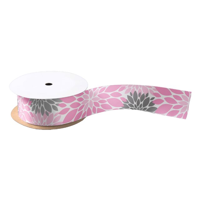 Pink and Gray Chrysanthemums Floral Pattern Satin Ribbon (Spool)