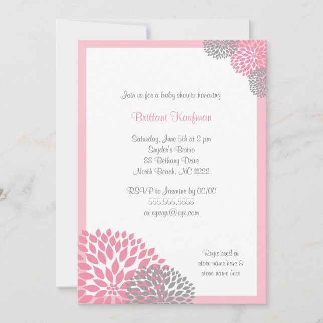Pink and Gray Dahlia Baby Shower Invitation (Front)