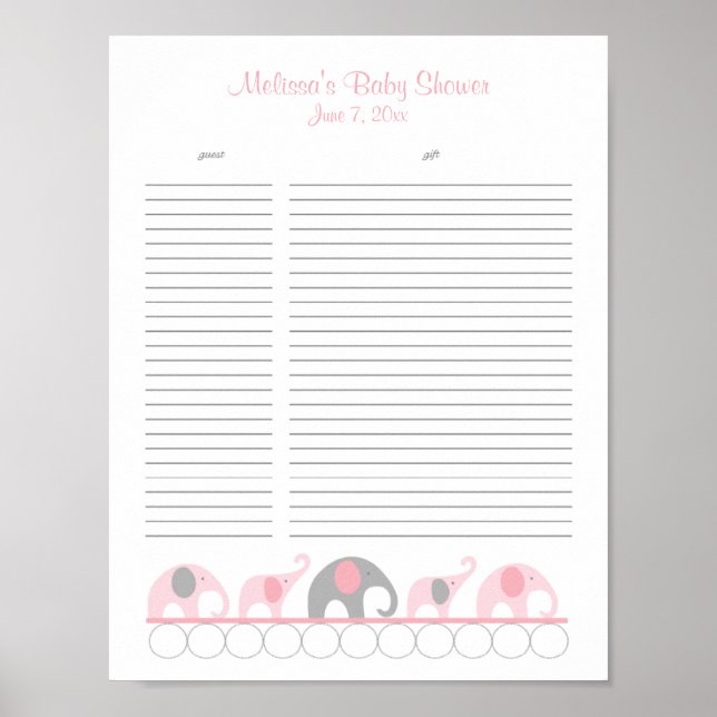 Pink and Gray Elephants Baby Shower Gift List Poster (Front)