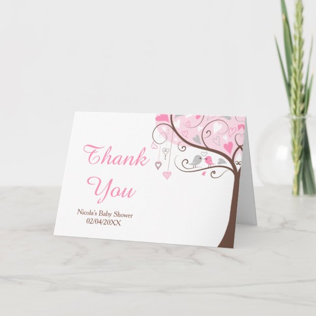 Pink and Gray Floral Bird Baby Shower Thank You (Front)
