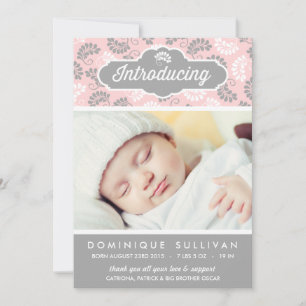 PINK AND GRAY FLORAL PATTERN   BIRTH ANNOUNCEMENT