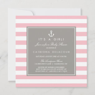 Pink and Gray  Nautical Baby Shower Invitation