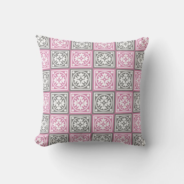 Pink and gray squares design throw pillow (Front)