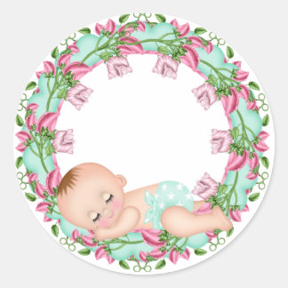 Pink and Gree Baby Shower Sticker with Baby floral