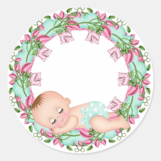 Pink and Gree Baby Shower Sticker with Baby floral (Front)