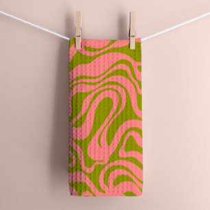 Pink and Green 1970s Retro Modern Swirl Tea Towel