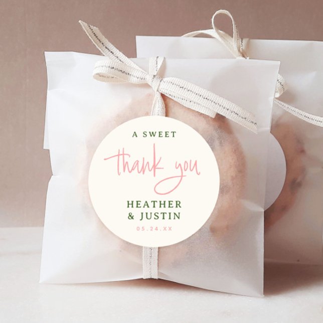 Pink and Green A Sweet Thank You Wedding Favour Classic Round Sticker (Creator Uploaded)