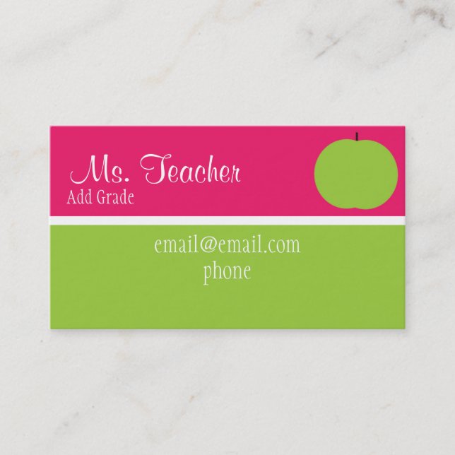 Pink and Green Apple Teacher Busness Cards (Front)