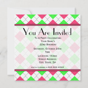 Pink and Green Argyle Birthday Invitation