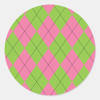 Pink and Green Argyle Pattern with Black Lines Classic Round Sticker