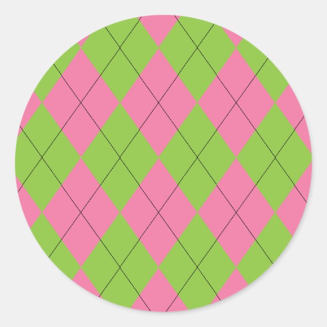 Pink and Green Argyle Pattern with Black Lines Classic Round Sticker (Front)