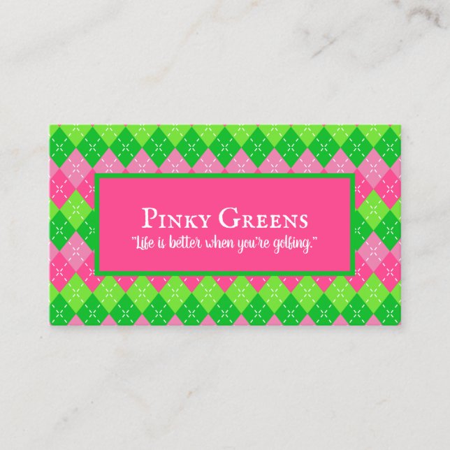 Pink and Green Argyle White Stitching Preppy Golf Business Card (Front)