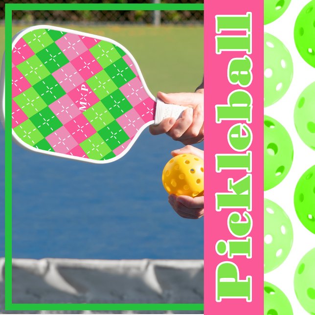 Pink and Green Argyle with White Stitching Pickleball Paddle (Creator Uploaded)