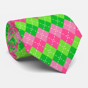 Pink and Green Argyle with White Stitching Tie