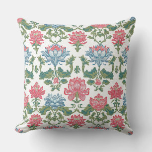 Pink and Green Art Nouveau Chinoiserie Lotus Flora Cushion