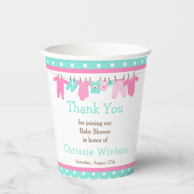 Pink and Green Baby Line Baby Shower Paper Cups (Front)