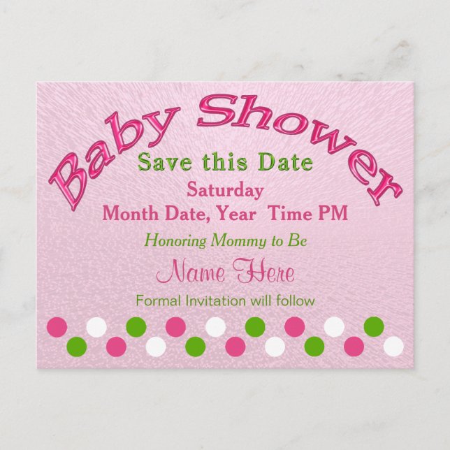 Pink and Green Baby Shower Save the Date Cards (Front)