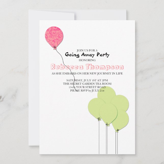 Pink and Green Balloons Going Away Party Invitation (Front)