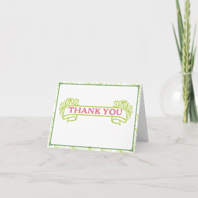 Pink and Green Banner Thank You Note Card (Front)