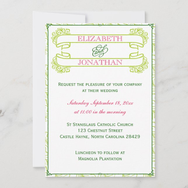 Pink and Green Banner Wedding Invitation (Front)