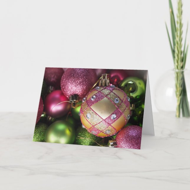 Pink and Green Bling Ornament Blank Christmas Card (Front)