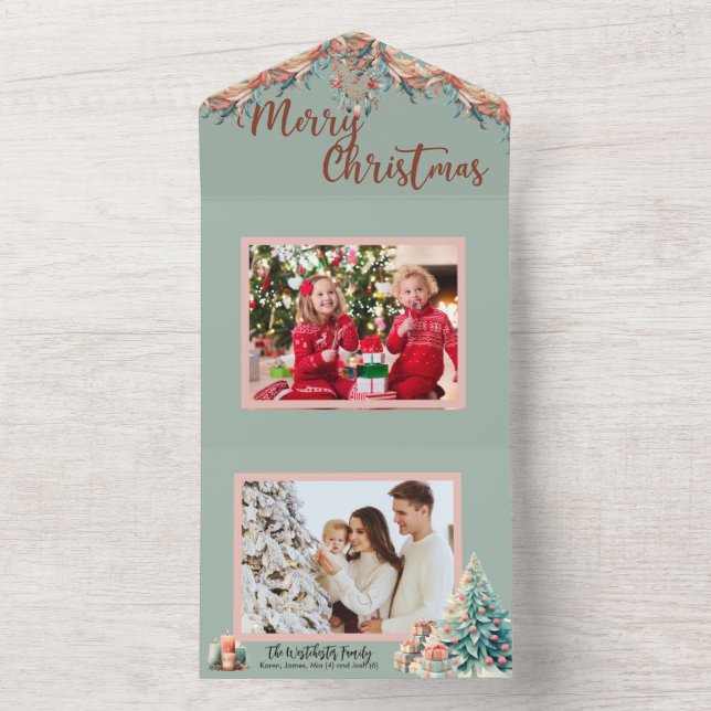 Pink and Green Boho feathers Photo Christmas Card (Inside)