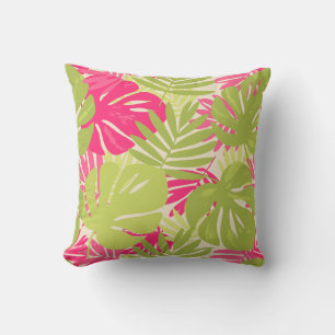 Pink and green bold vibrant monstera tropical leaf cushion