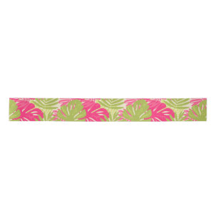 Pink and green bold vibrant monstera tropical leaf satin ribbon