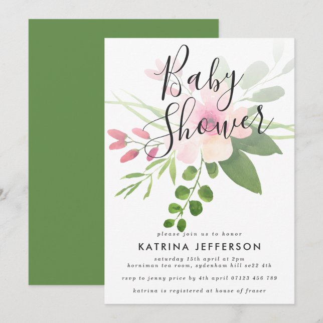 Pink and Green Bouquet Baby Shower Invitation (Front/Back)